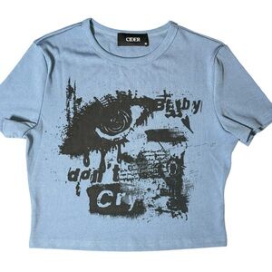 CIDER Blue Ribbed Crop Top Graphic Tee Size M